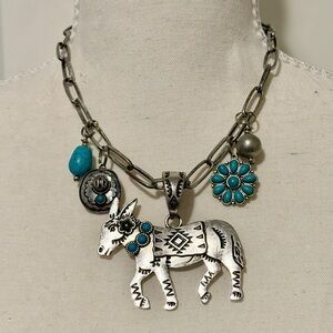 Cowgirl Hat Donkey Charm Necklace Adjustable Chain Teal Silver Southwestern